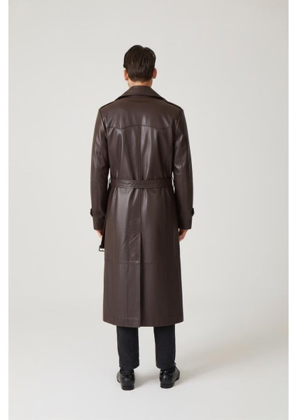 Kahverengi Matrix Hakiki Deri Kruvaze Düğme Kapamalı Yırtmaçlı Astarlı Kemerli Trençkot Erkek Kaban fiyatları