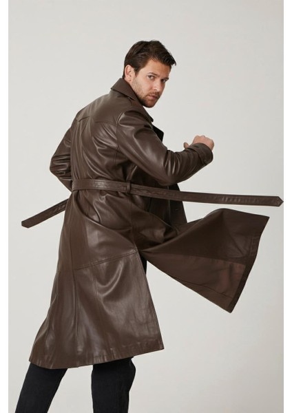 Kahverengi Matrix Hakiki Deri Kruvaze Düğme Kapamalı Yırtmaçlı Astarlı Kemerli Trençkot Erkek Kaban modelleri