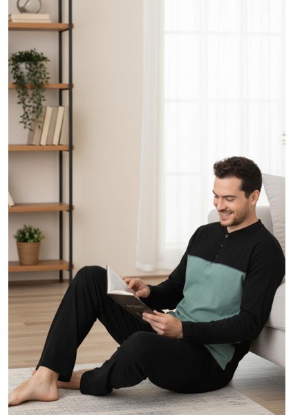 %100 Pamuk Erkek Uzun Kollu Renk Bloklu Rahat Giyim Seti. - Pijama Takımı modelleri