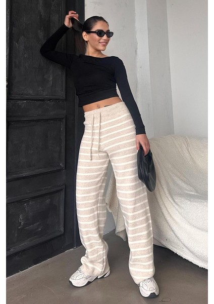 Bej Çizgili Kadın Triko Pantolon MG2342 fiyatları