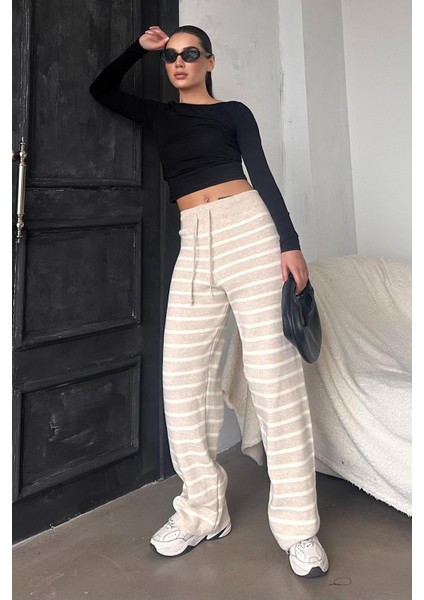 Bej Çizgili Kadın Triko Pantolon MG2342 fırsatları