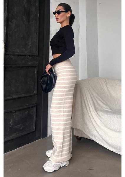 Bej Çizgili Kadın Triko Pantolon MG2342 indirimleri