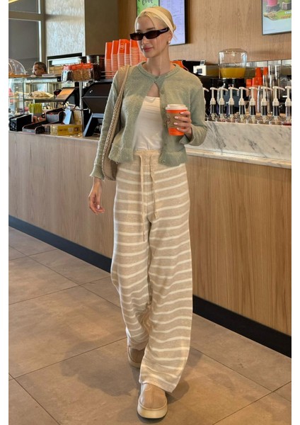 Bej Çizgili Kadın Triko Pantolon MG2342