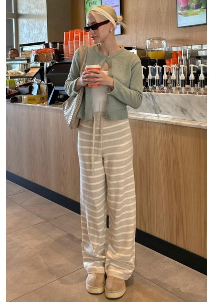 Bej Çizgili Kadın Triko Pantolon MG2342