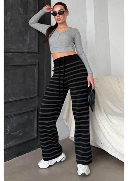 Antrasit Çizgili Kadın Triko Pantolon MG2342