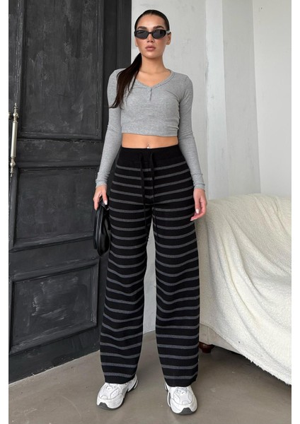 Antrasit Çizgili Kadın Triko Pantolon MG2342 fırsatları