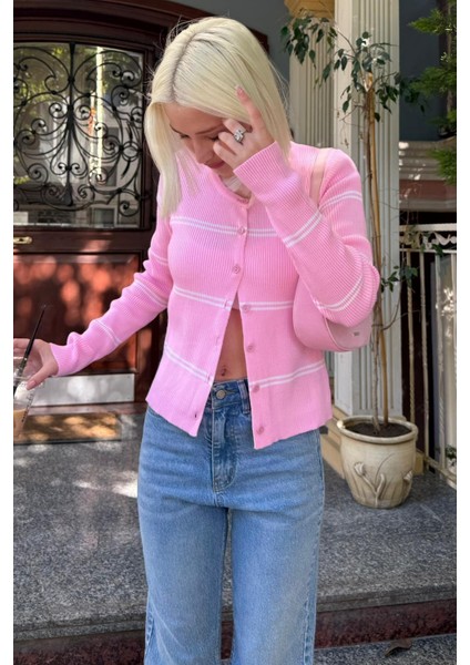 Pembe Çizgili Kadın Triko Hırka MG2481 modelleri