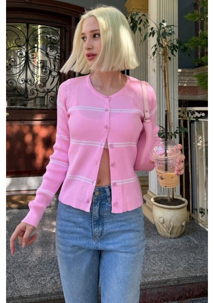 Pembe Çizgili Kadın Triko Hırka MG2481 indirimleri