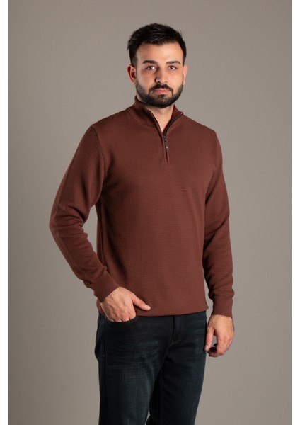 Erkek Kahve Dokulu Dik Yaka Fermuarlı Triko