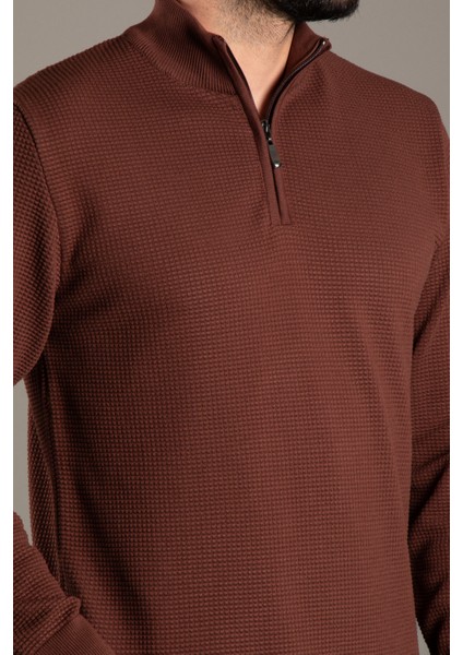 Erkek Kahve Dokulu Dik Yaka Fermuarlı Triko fiyatları