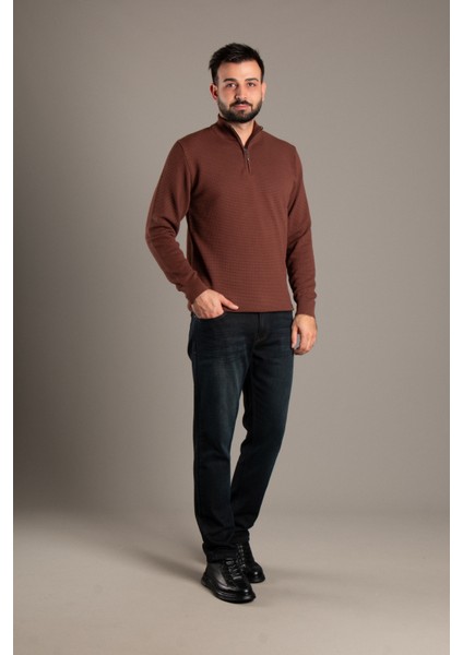 Erkek Kahve Dokulu Dik Yaka Fermuarlı Triko modelleri