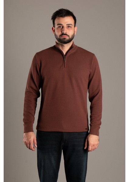 Erkek Kahve Dokulu Dik Yaka Fermuarlı Triko fırsatları