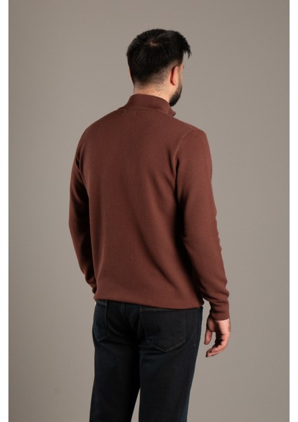 Erkek Kahve Dokulu Dik Yaka Fermuarlı Triko indirimleri