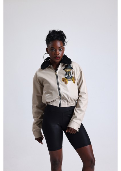 Kadın Deri Yaka Kürklü Fermuarlı Oversize Mont Baskılı Beli Lastikli Bomber Kolej Mont Bej