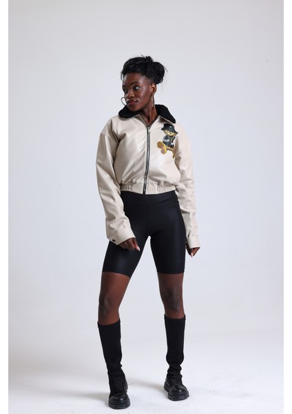 Kadın Deri Yaka Kürklü Fermuarlı Oversize Mont Baskılı Beli Lastikli Bomber Kolej Mont Bej fiyatları