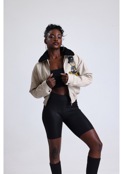 Kadın Deri Yaka Kürklü Fermuarlı Oversize Mont Baskılı Beli Lastikli Bomber Kolej Mont Bej fırsatları