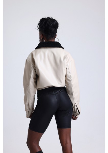 Kadın Deri Yaka Kürklü Fermuarlı Oversize Mont Baskılı Beli Lastikli Bomber Kolej Mont Bej