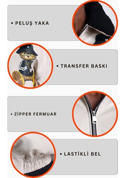 Kadın Deri Yaka Kürklü Fermuarlı Oversize Mont Baskılı Beli Lastikli Bomber Kolej Mont Bej