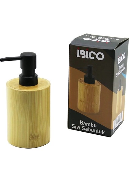 Yuvarlak Ahşap Bambu Sıvı Sabunluk Siyah Plastik Pompa Çap: 8cm - Y: 11CM (5148)
