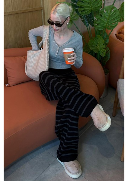 Antrasit Çizgili Kadın Triko Pantolon MG2342 indirimleri