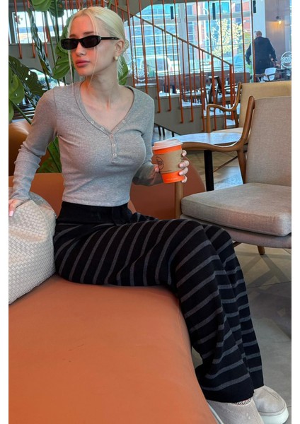 Antrasit Çizgili Kadın Triko Pantolon MG2342