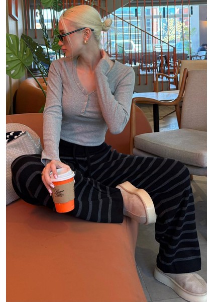 Antrasit Çizgili Kadın Triko Pantolon MG2342