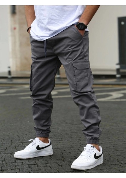 Likralı Beli ve Paçası Lastikli Füme Kargo Pantolon