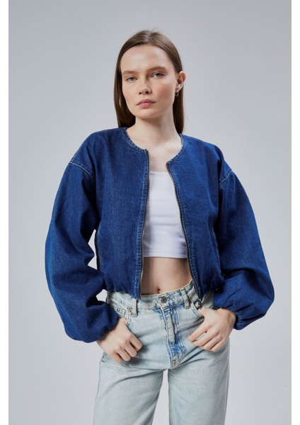 Kadın Kot Elastik Kenarlı Yumuşak Bomber Ceket Bisiklet Yaka Uzun Kollu Önü Fermuarlı Mont