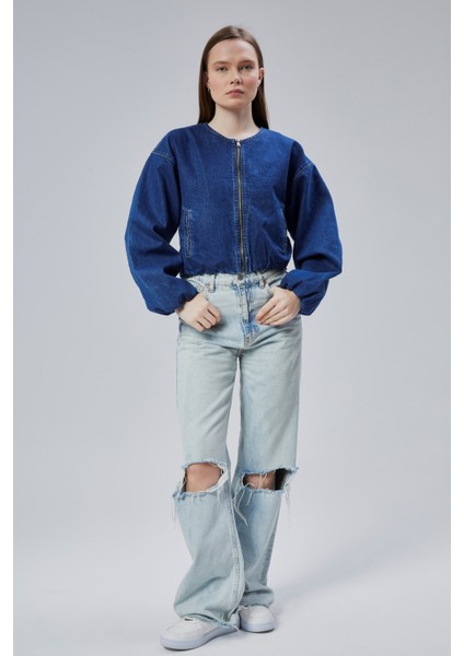 Kadın Kot Elastik Kenarlı Yumuşak Bomber Ceket Bisiklet Yaka Uzun Kollu Önü Fermuarlı Mont fiyatları