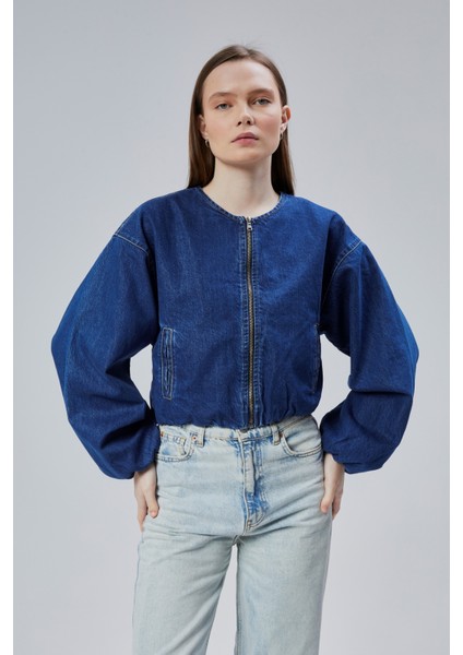 Kadın Kot Elastik Kenarlı Yumuşak Bomber Ceket Bisiklet Yaka Uzun Kollu Önü Fermuarlı Mont modelleri