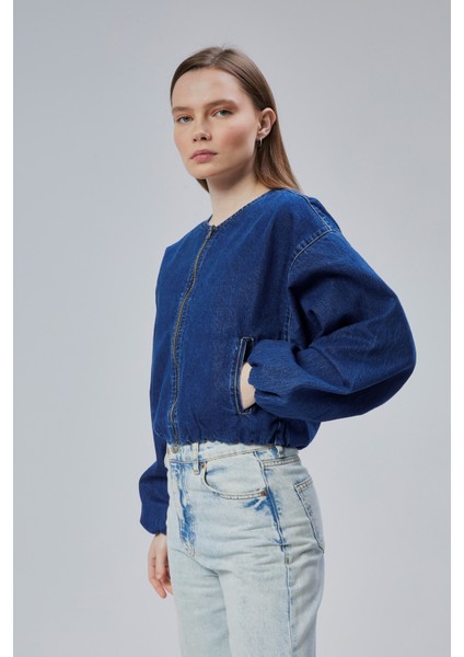 Kadın Kot Elastik Kenarlı Yumuşak Bomber Ceket Bisiklet Yaka Uzun Kollu Önü Fermuarlı Mont fırsatları