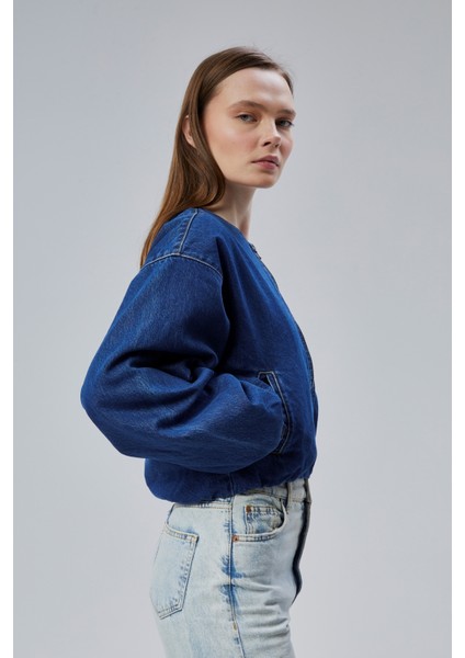 Kadın Kot Elastik Kenarlı Yumuşak Bomber Ceket Bisiklet Yaka Uzun Kollu Önü Fermuarlı Mont indirimleri