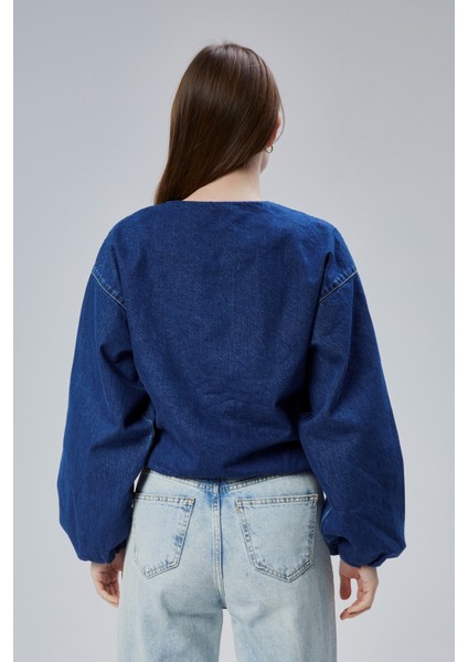 Kadın Kot Elastik Kenarlı Yumuşak Bomber Ceket Bisiklet Yaka Uzun Kollu Önü Fermuarlı Mont