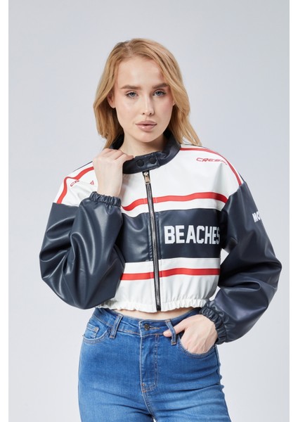 Kadın Deri Baskılı Şeritli Ceket Beli ve Kolu Lastikli Kolej Hakim Yaka Bomber Yarışçı Motorcu Mont