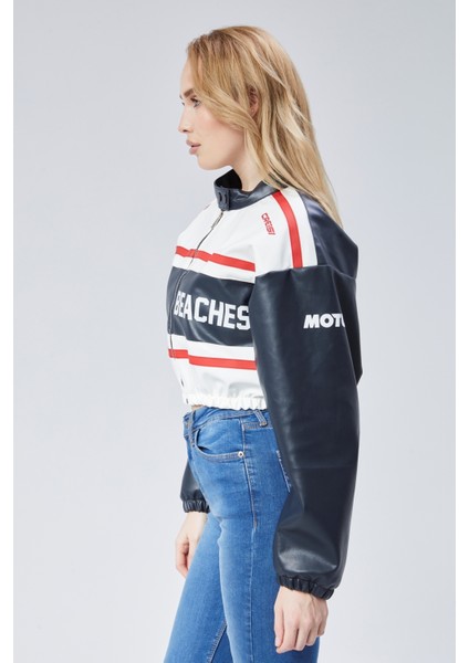 Kadın Deri Baskılı Şeritli Ceket Beli ve Kolu Lastikli Kolej Hakim Yaka Bomber Yarışçı Motorcu Mont modelleri