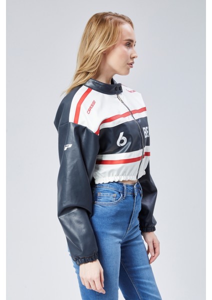 Kadın Deri Baskılı Şeritli Ceket Beli ve Kolu Lastikli Kolej Hakim Yaka Bomber Yarışçı Motorcu Mont fırsatları