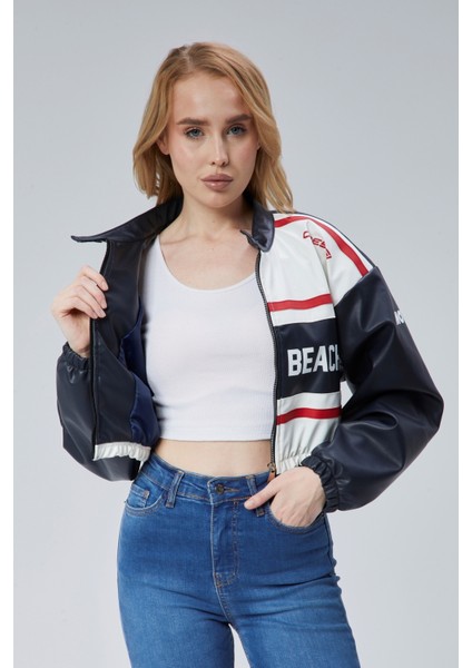 Kadın Deri Baskılı Şeritli Ceket Beli ve Kolu Lastikli Kolej Hakim Yaka Bomber Yarışçı Motorcu Mont indirimleri
