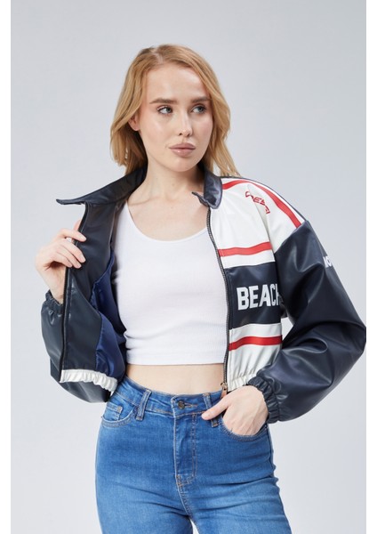 Kadın Deri Baskılı Şeritli Ceket Beli ve Kolu Lastikli Kolej Hakim Yaka Bomber Yarışçı Motorcu Mont