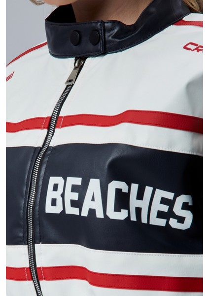 Kadın Deri Baskılı Şeritli Ceket Beli ve Kolu Lastikli Kolej Hakim Yaka Bomber Yarışçı Motorcu Mont