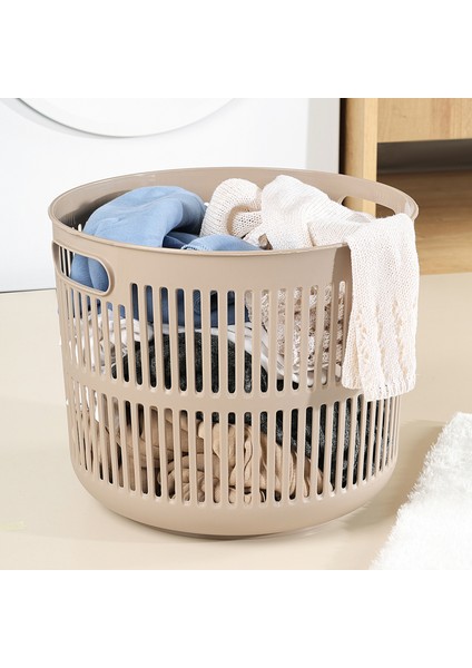 22 Litre Solara Yuvarlak Çamaşır Sepeti - Kulplu Çok Amaçlı Sepet Banyo Düzenleyici Sepet Bej
