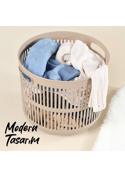22 Litre Solara Yuvarlak Çamaşır Sepeti - Kulplu Çok Amaçlı Sepet Banyo Düzenleyici Sepet Bej fırsatları