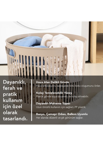 22 Litre Solara Yuvarlak Çamaşır Sepeti - Kulplu Çok Amaçlı Sepet Banyo Düzenleyici Sepet Bej indirimleri