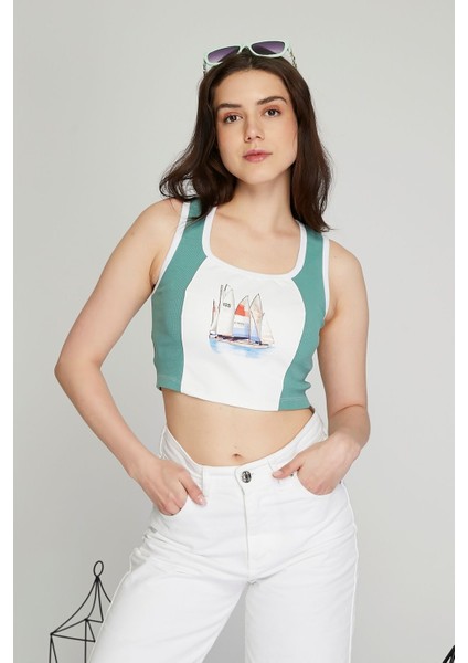 Kadın Deri Crop Ribana Kaşkorse Likralı Deri Garnili Baskılı Crop Büstiyer Deri Üzeri Baskılı Crop