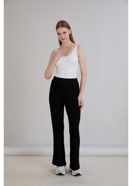Nervürlü Beli Lastikli Bol Paça Pantolon Siyah modelleri