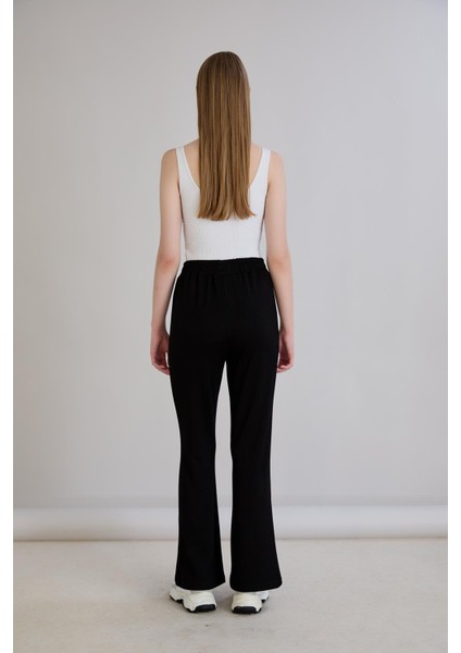 Nervürlü Beli Lastikli Bol Paça Pantolon Siyah