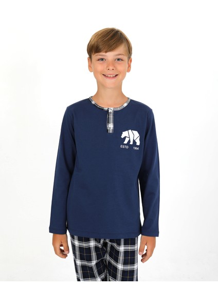 Erkek Çocuk Uzun Kollu %100 Pamuklu Düğme Detaylı Pijama Takımı Everest