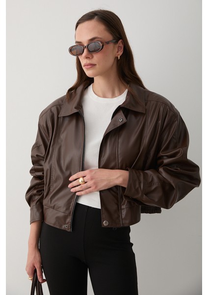 Kahverengi Kısa Deri Ceket - 1710
