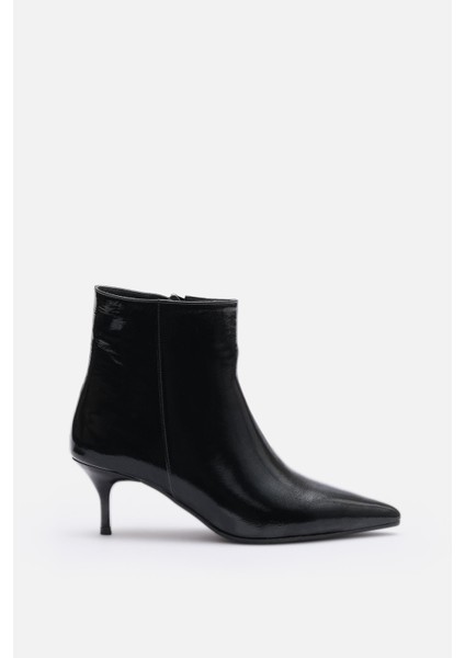 Bestyle Noır Kadın Siyah Gerçek Rugan Deri Ince Topuklu Fermuarlı Bot