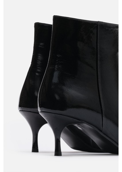 Bestyle Noır Kadın Siyah Gerçek Rugan Deri Ince Topuklu Fermuarlı Bot