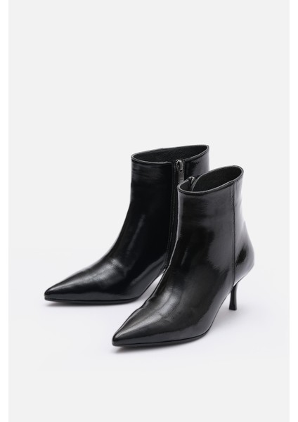 Bestyle Noır Kadın Siyah Gerçek Rugan Deri Ince Topuklu Fermuarlı Bot